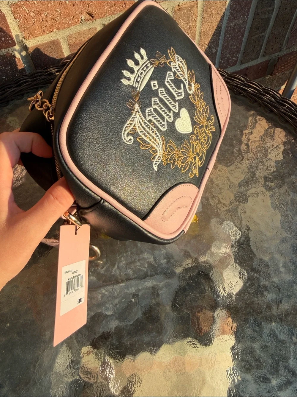 Juicy Couture Black & Pink Embroidered Heritage Crossbody Bag